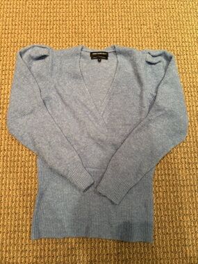 Something Navy Light Blue V-Neck Puff Sleeve Sweater